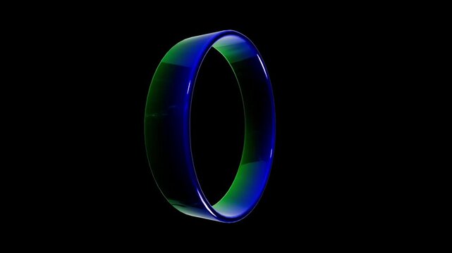 Glossy green and blue 3d ring or coin edge side view on black background