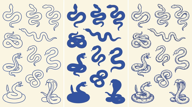 Comprehensive set of reptile snake icons featuring varied styles like minimalist outline bold solid silhouette and artistic hand drawn doodle vector elements for graphic design projects
