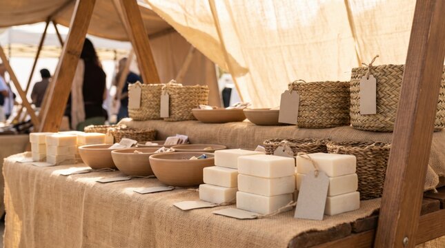 Outdoor market stall displaying handmade natural soaps in clay bowls and woven baskets