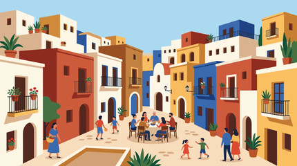 Mediterranean Village Square with People Dining and Walking © DSetiya
