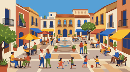 People Hanging Out in a Sunny Mediterranean Town Square © DSetiya
