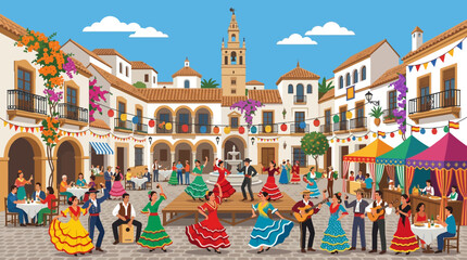 Spanish Fiesta Celebration with Flamenco Dancers in Historic Town Square © DSetiya