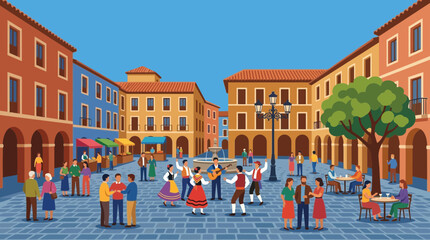 Vibrant Town Square Illustration with People Dancing and Socializing © DSetiya