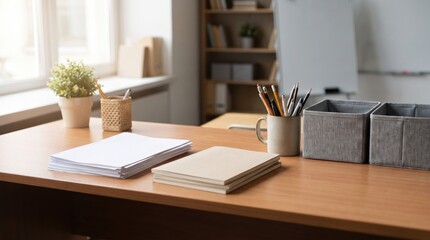 Fototapeta premium Organized office desk with blank documents notebooks pens and storage bins