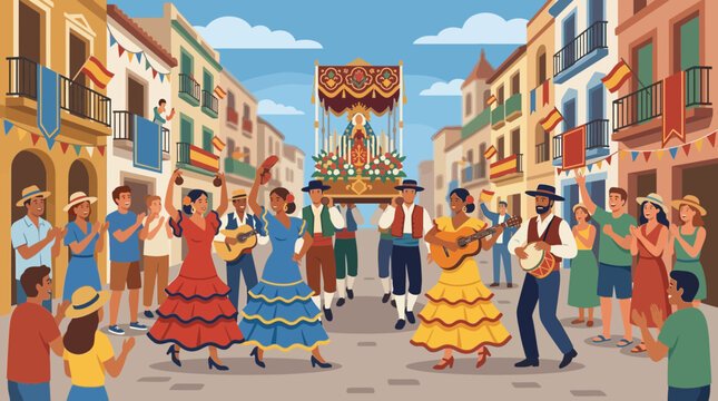 Spanish Fiesta Procession with Traditional Flamenco Dancers and Religious Icon