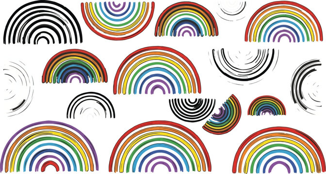 Abstract geometric illustration featuring vibrant rainbow concentric semicircle monochrome pattern arranged on a dark charcoal background for modern graphic design and visual art project.