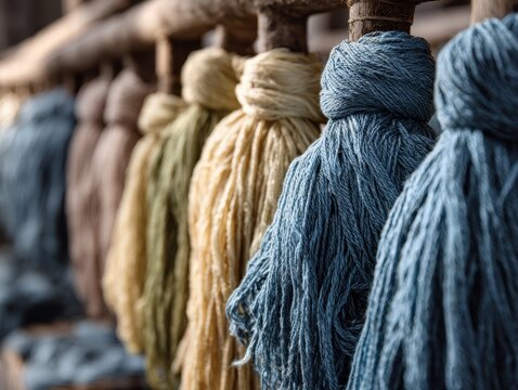 Bundles of natural colored yarn hanging from wooden rods in a traditional textile workshop with a focus on blue and yellow fibers creating a warm, artisanal atmosphe