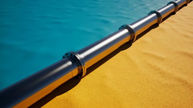 Minimalist Geometric Composition of a Metallic Pipeline Dividing Yellow Sand and Cyan Blue Water
