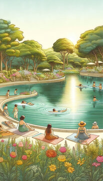 Peaceful garden pool with swimmers at sunset