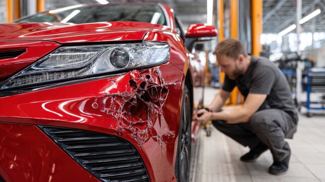 Mechanic inspecting side damage on a red car in a professional garage focused on repairing the dented and crushed front fender near the headlight area