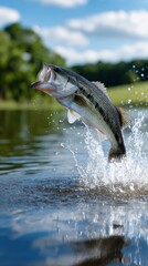 Obraz premium Large freshwater fish leaping out of water with splashes against a blurred natural landscape and blue sky on a sunny day