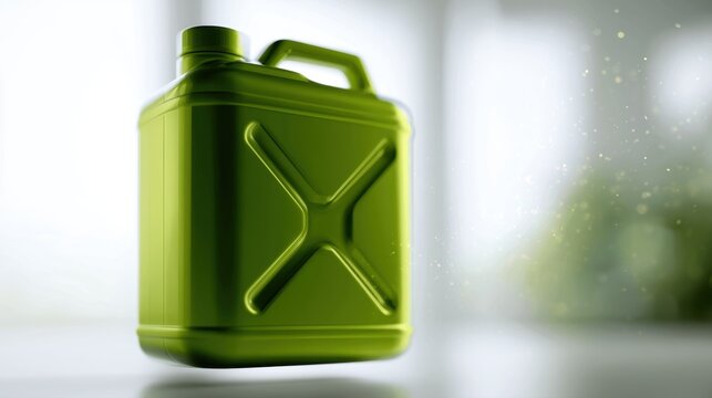 Green plastic container with handle and spout for liquid storage positioned on bright surface with blurred background and soft natural light creating peaceful a