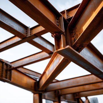 Structural steel framework with rusted beams interconnected for construction support against a bright sky background in an urban development site