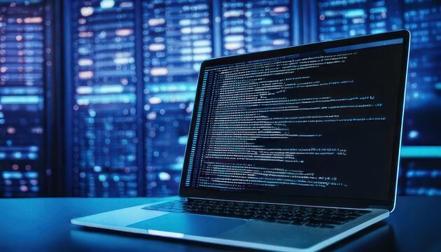 Laptop displaying code in a server room environment.