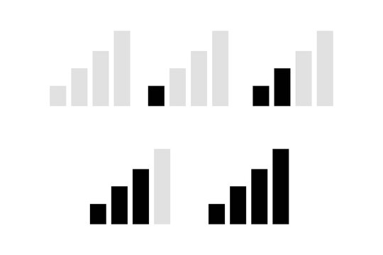 Signal strength icon set isolated on transparent background. Network, Wi-Fi and cellular signal indicators in flat design for mobile apps, software interfaces, dashboards, communication systems. PNG