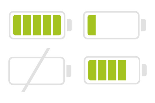 Battery level icon set isolated on transparent background. Charging, full, low and empty battery indicators for mobile apps, devices, UI design, software interfaces and technology projects. PNG.