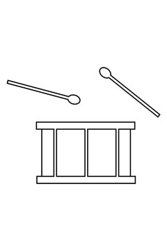 Percussion instrument outline clipart PNG with transparent background. Triangle, drum and drumsticks line art for coloring books, worksheets, music education, logos, apps, printable activities