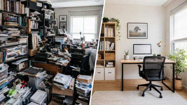 Crowded home office and clean focused workspace