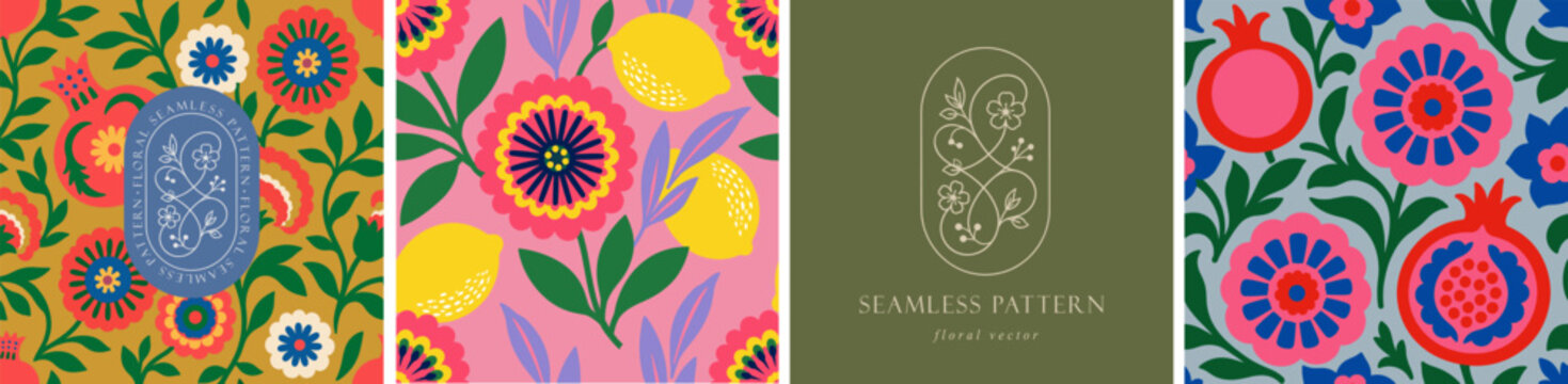 Floral seamless pattern. Vector bold naive abstract illustrations of stylized flowers, pomegranate, lemons and leaves for background, packaging, wrapping paper, textile, fabric and wallpaper