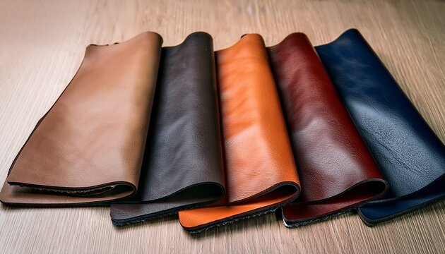 array of leather fabric samples in different shades neatly placed on a table ready to be crafted