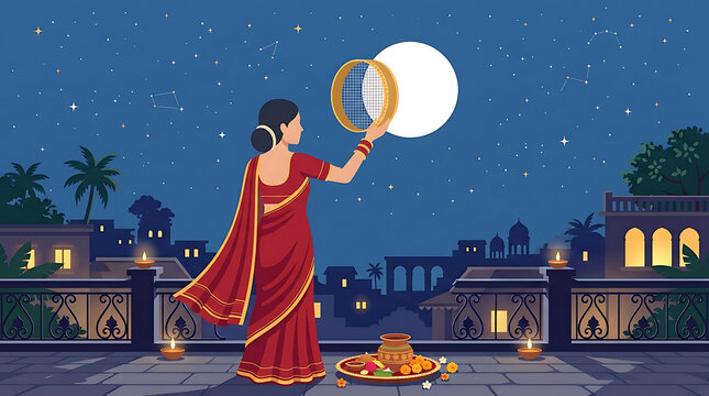 Indian Woman Observing Moon Through Sieve During Karwa Chauth Festival