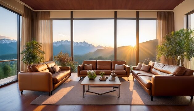 beautiful luxury warm living room with brown leather couches sofa sofa table and plants amazing enviable view to mountains landscape through the window during morning sunrise empty with nobody