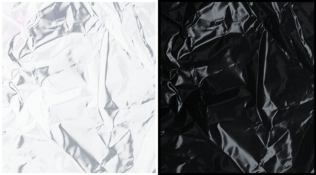 Crumpled plastic texture set in black and white, wrinkled cellophane film background, creased polyethylene wrap surface for overlay and design