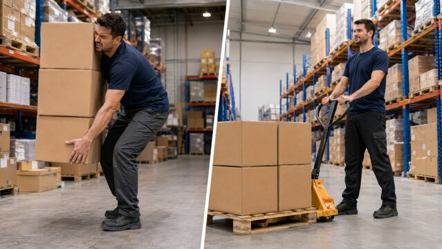 Strained warehouse lifting and safe pallet jack transport