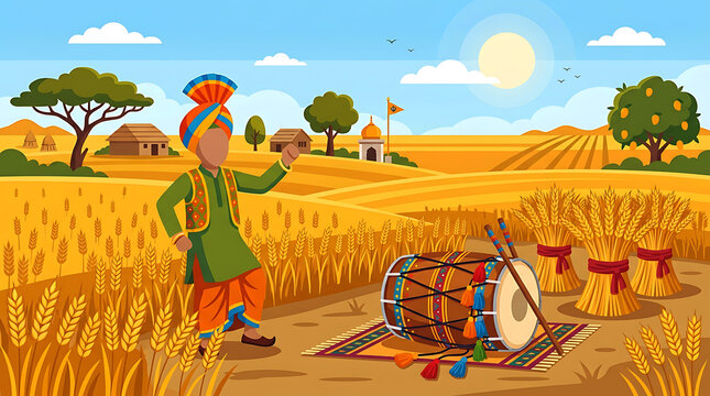 Punjabi Man Celebrating Harvest With Dhol Drum In Golden Wheat Field