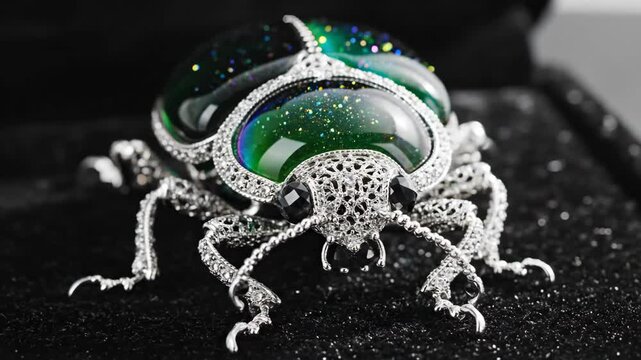 Emerald Green Glass Beetle Jewelry with Silver Filigree and Black Gems