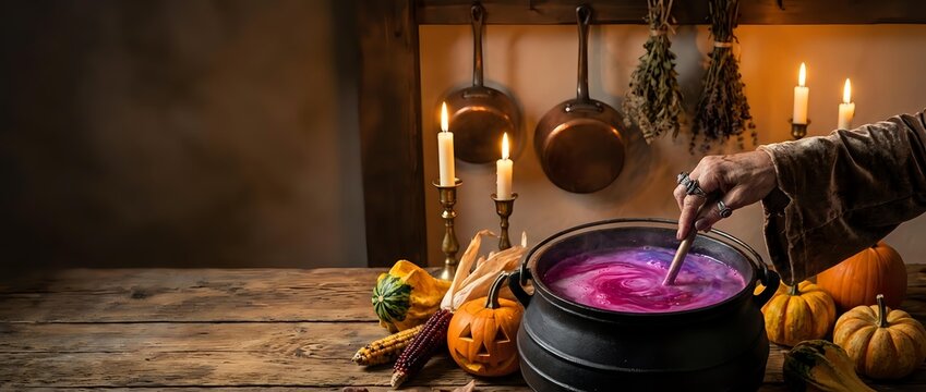 Witch stirring magical potion in cauldron surrounded by autumn pumpkins, dried herbs, and candlelight in rustic kitchen setting for Halloween, fantasy, and witchcraft themed projects.