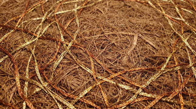 Golden and Copper Threads on Brown Natural Fiber Texture