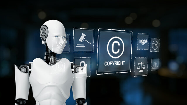 A futuristic robot stands in a modern office space, displaying an array of digital copyright icons. This image represents the blend of technology and intellectual property protection. Synapse