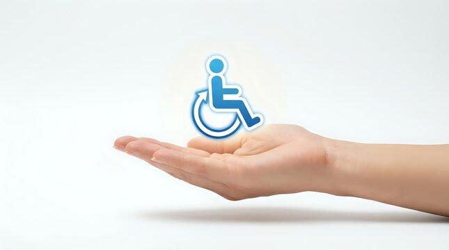 Caucasian hand holding blue wheelchair accessibility icon symbol, representing disability support, care services, and inclusive healthcare assistance.