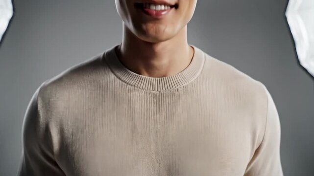 Asian Male Model Wearing Beige Knitted Short Sleeved T-Shirt Posing in Bright Lighting Studio