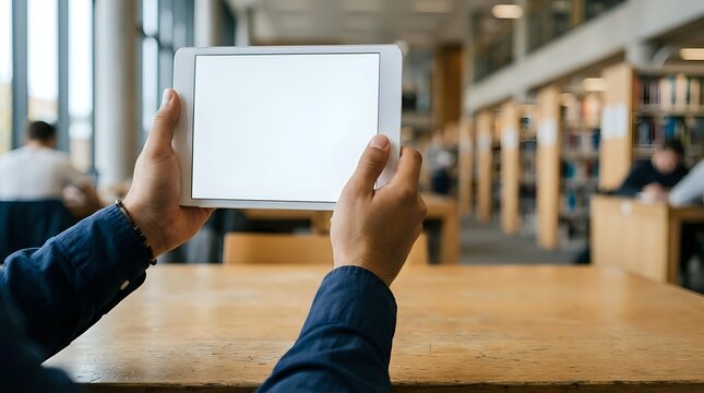 Young adult male with dark skin tone wearing navy blue long-sleeve shirt, holding blank tablet device horizontally at wooden table in modern office or retail environment with blurred background.