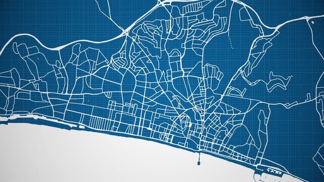 Ink reveal animation of Brighton and Hove city, East Sussex, England, United Kingdom, grid map. Aerial top view. Blueprint style. White lines with blue background. 4K Seamless loop.