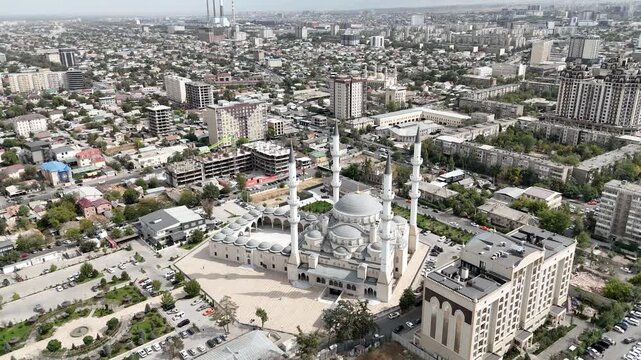 Description:Bishkek, Kyrgyzstan &ndash; October 4, 2025: Majestic Central Mosque with white domes, minarets, and intricate Islamic architecture in the city.