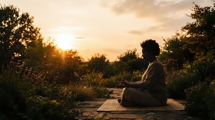 Fototapeta premium Woman with curly hair sitting on wooden path in overgrown garden at golden hour sunset, meditating or relaxing in nature.