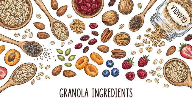 Artistic hand-drawn illustration of healthy granola ingredients including rustic oat flakes, organic forest berries, crunchy nuts, and assorted dried fruits on a clean minimalist background.