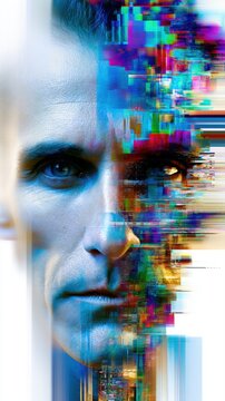 Portrait of a man with one half of his face digitally pixelated and fragmented in vibrant glitch art style representing the fusion of humanity and technology