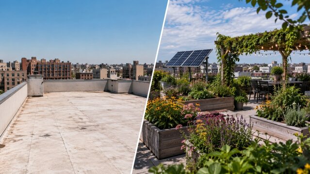 Bare city rooftop and flower filled climate terrace