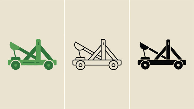 Set of three simple vector icons depicting an ancient catapult siege engine in distinct styles including green outline and solid silhouette flat design for gaming and historical user interface.
