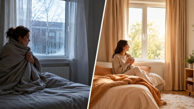 Drafty bedroom window and cozy insulated resting space