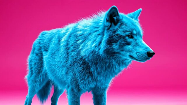 Surreal Cyan Pop Art Wolf Standing Against Solid Magenta Pink Background