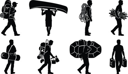 Outdoor Camping and Adventure Hiking Silhouette Icon Set with Backpackers Canoe and Inflatable Boat Vectors © mdAl