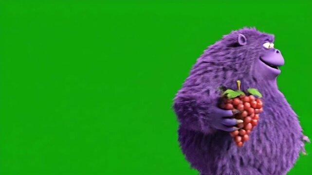 Green Screen Fluffy Purple Animated Monster Holding Bunch of Red Grapes