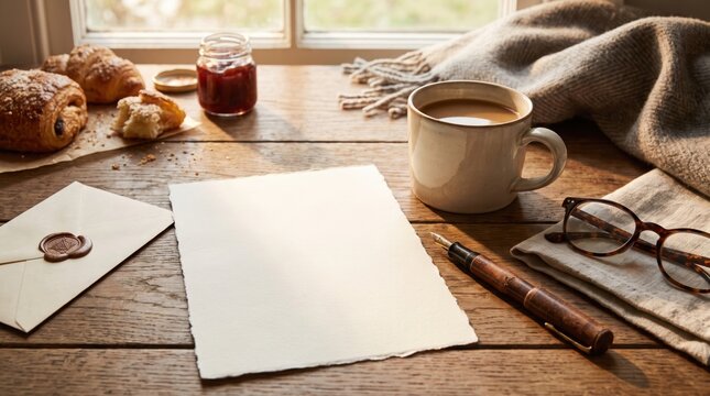 Blank letter on wooden table with coffee. Writing a personal note with a fountain pen.