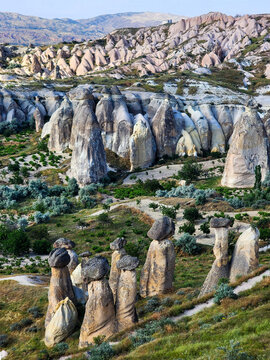 Fairy chimneys and volcanic rock landscape near Cavusin in Cappadocia, Turkey