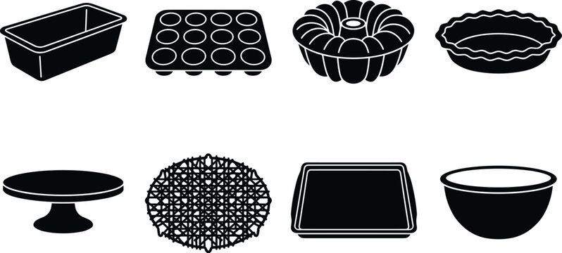 Bakeware and kitchen utensils silhouette icon set featuring cake pan baking sheet and mixing bowl on white background